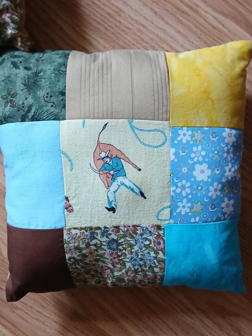 Patchwork Cowboy Print Holiday Throw Pillow - Blue, Brown, Yellow